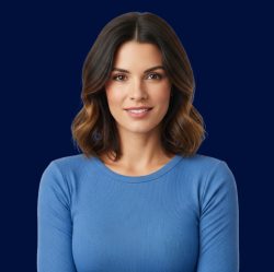 A woman in a blue top smiles against a dark blue background.